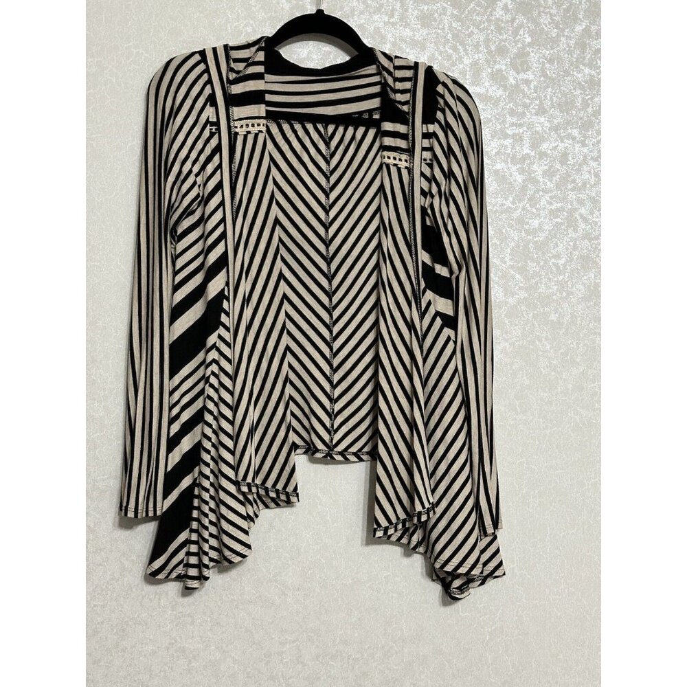 Lapis Black Tan Long Sleeve‎ Striped Draped Front Open Cardigan Hoodie Stretch S